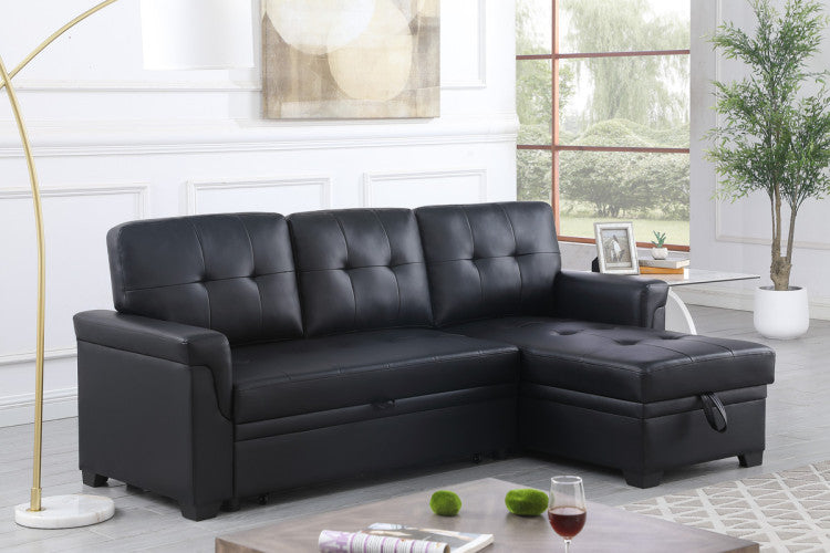 Jardin 84"W Black Vegan Leather Modern Reversible Sleeper Sectional Sofa With Storage Chaise