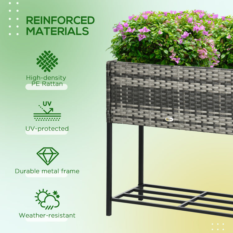 Outsunny Raised Garden Bed, Elevated Planter Box With Rattan Wicker Look, Tool Storage Shelf, Portable Design For Herbs, Vegetables, Flowers, Gray