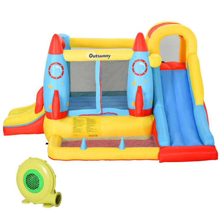 Outsunny Kids Inflatable Water Slide, 4 In 1 Bounce House Jumping Castle With 2 Slides, Climbing Wall, Trampoline, & Water Pool Area, Air Blower
