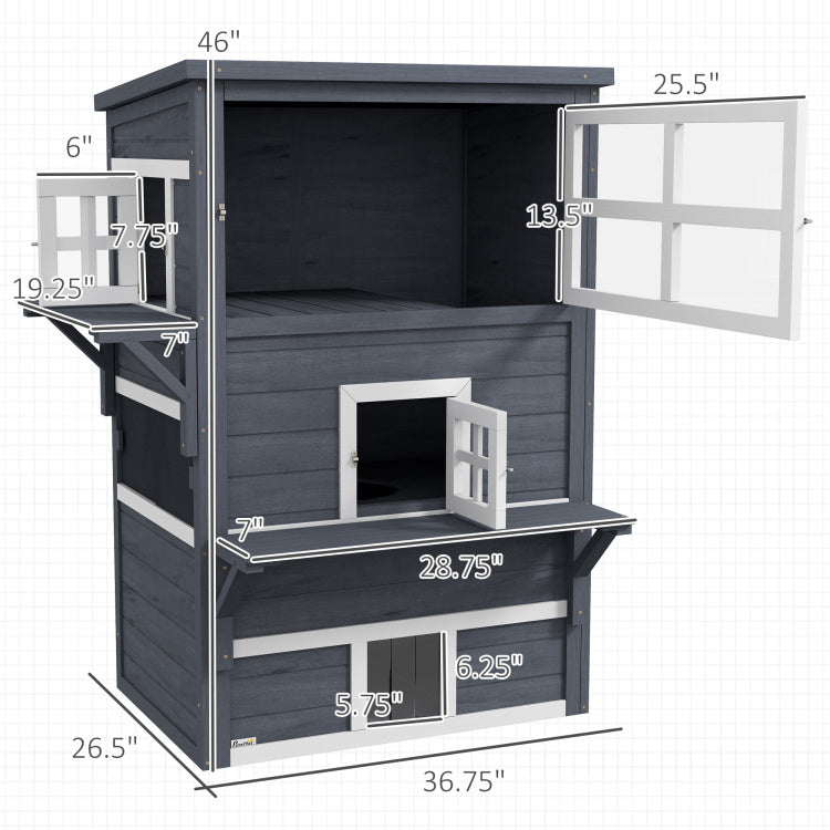 Pawhut 3 Story Cat House Feral Cat Shelter, Outdoor Kitten Condo With Raised Floor, Asphalt Roof, Escape Doors, Jumping Platforms, Dark Gray