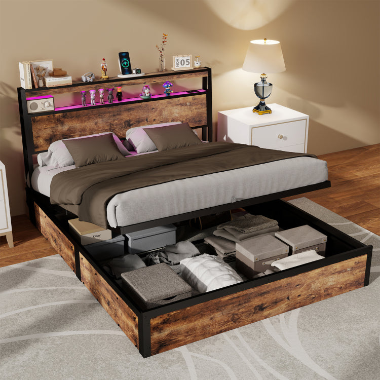 Full Size Rustic Brown Hydraulic Lift Storage Bed Frame Metal Noise Free Structure Rgb Led Lights Usb Type C Charging Station, No Box Spring Needed