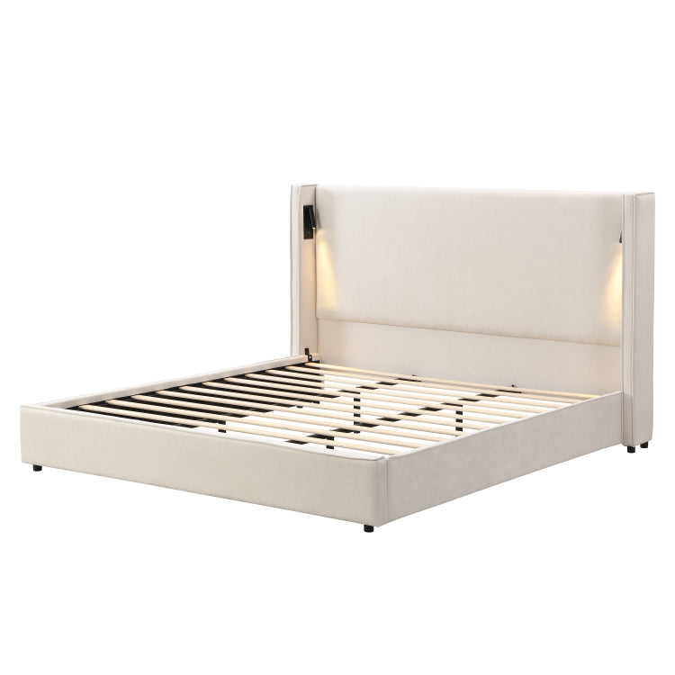 King Size Upholstered Bed Frame With High Wingback Headboard,Reading Lamp And Usb Port,Beige
