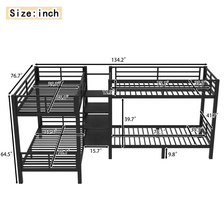 Twin L Shaped Metal Bunk Bed With Storage Shelves And High Quality Safety Guardrail,Space Saving,Black