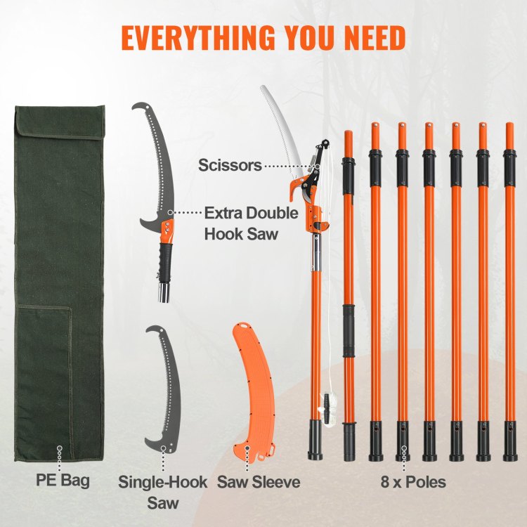 Manual Pole Saw, 7.3 27 Ft Extendable Tree Pruner, Sharp Steel Blade And Scissors High Branches Trimming, Branch Trimmer With Lightweight 8 Fiberglass Handles, For Pruning Palms And Shrubs
