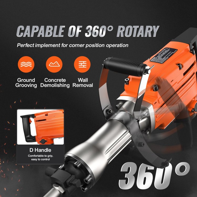 Demolition Jack Hammer, 2200W 1400 Bpm Jack Hammer Concrete Breaker, Heavy Duty Electric Jack Hammer 6Pcs Chisels Bit With Gloves, 360 C Swiveling Front Handle For Trenching And Breaking Holes