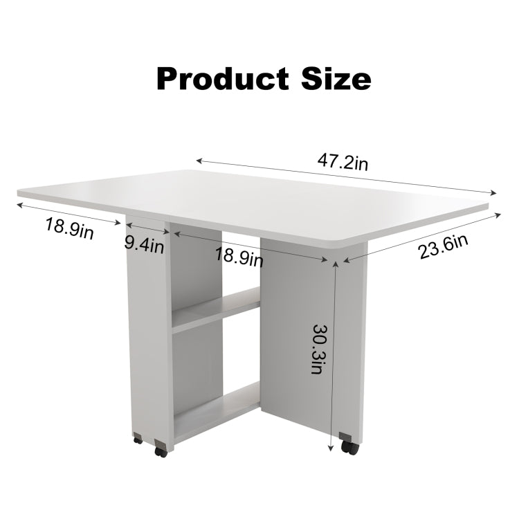 Folding Drop Leaf Dining Table With 6 Wheels And 2 Layer Storage Shelf, Space Saving Table For Small Spaces, 47.2 Inch D X 23.6 Inch W X 30.3 Inch H, White