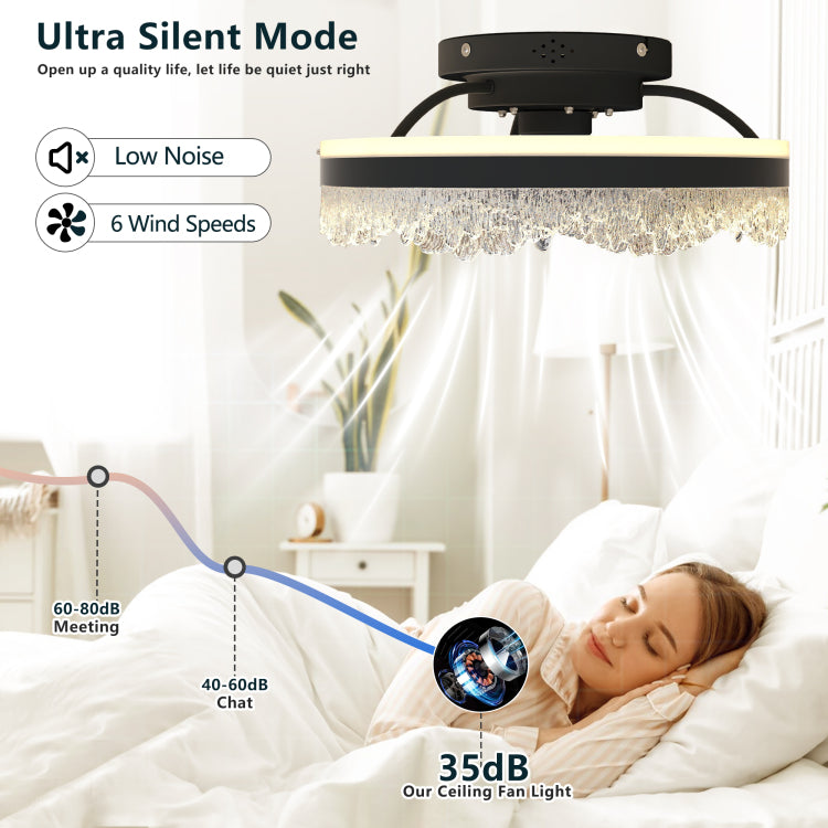 16" Quiet With Light Led Crystal Flush Mount Fan Lamp With Hidden Blades And Natural Airflow, Perfect For Bedroom, Kids Room, Study Room