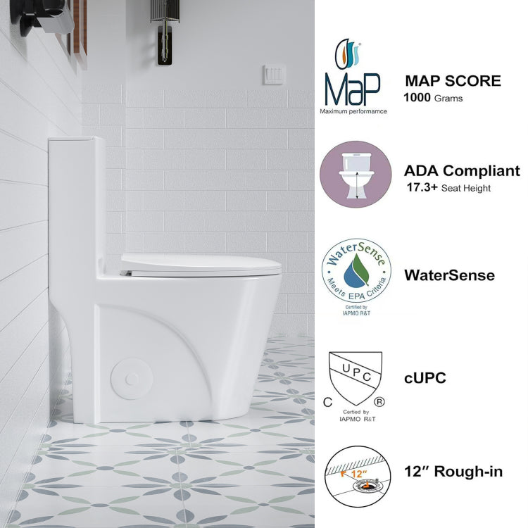 1.1 1.6 Gpf Tornado Flush One Piece Toilet For Bathrooms,Siphonic S Trap 12",Elongated Bowl With Soft Close Seat,Powerful Dual Flush Map 1000G,Comfort Chair Seat Ada Height 17",Glossy White Gw 001