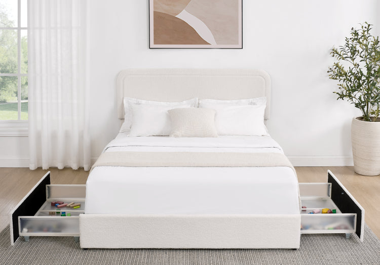 Liv Queen Size Ivory Boucle Upholstered Platform Bed With Patented 4 Drawers Storage, Curved Stitched Tufted Headboard, Wooden Slat Mattress Support, No Box Spring Needed