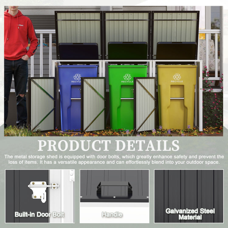 Garbage Bin Shed Stores 3 Trash Cans With Pneumatic Support Rod, With Lockable Doors & Waterproof Lid Chain, For Patio,Garden,Backyard,Grey