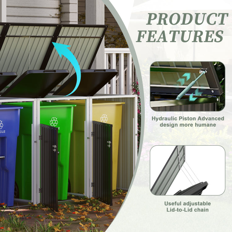 Garbage Bin Shed Stores 3 Trash Cans With Pneumatic Support Rod, With Lockable Doors & Waterproof Lid Chain, For Patio,Garden,Backyard,Grey