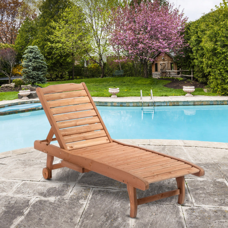 Outsunny Outdoor Chaise Lounge Pool Chair, Built In Table, Reclining Backrest For Sun Tanning Sunbathing, Rolling Wheels, Red Wood Look