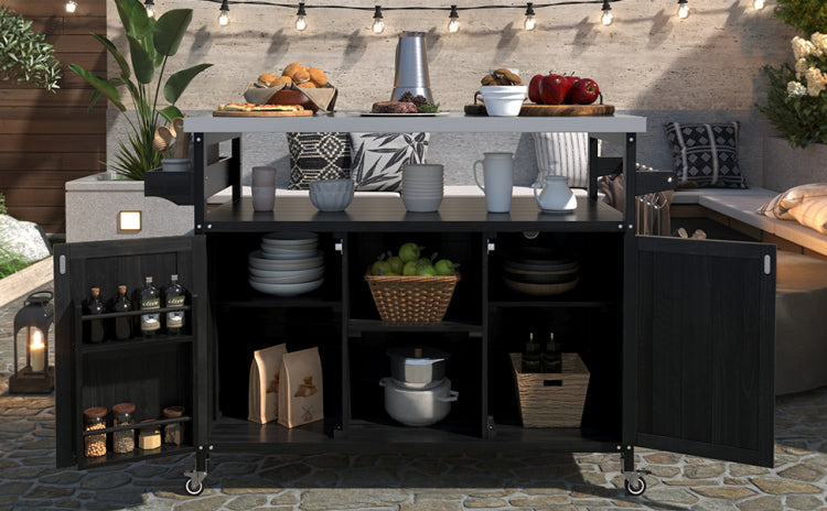 K&K Outdoor Kitchen Island, Rolling Bar Cart & Storage Cabinet, Farmhouse Solid Wood Outdoor Grill Table With Stainless Steel Top, Spice Rack , Towel Rack For Kitchen & Barbecue, Black