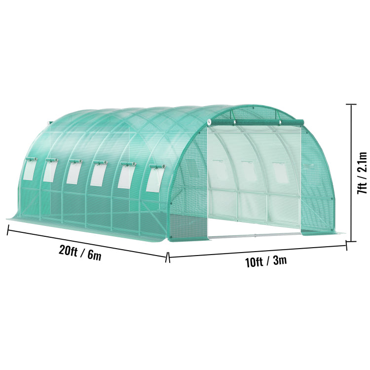 Walk In Tunnel Greenhouse, 20 X 10 X 7 Ft Portable Plant Hot House W Galvanized Steel Hoops, 3 Top Beams, Diagonal Poles, 2 Zippered Doors & 12 Roll Up Windows, Green