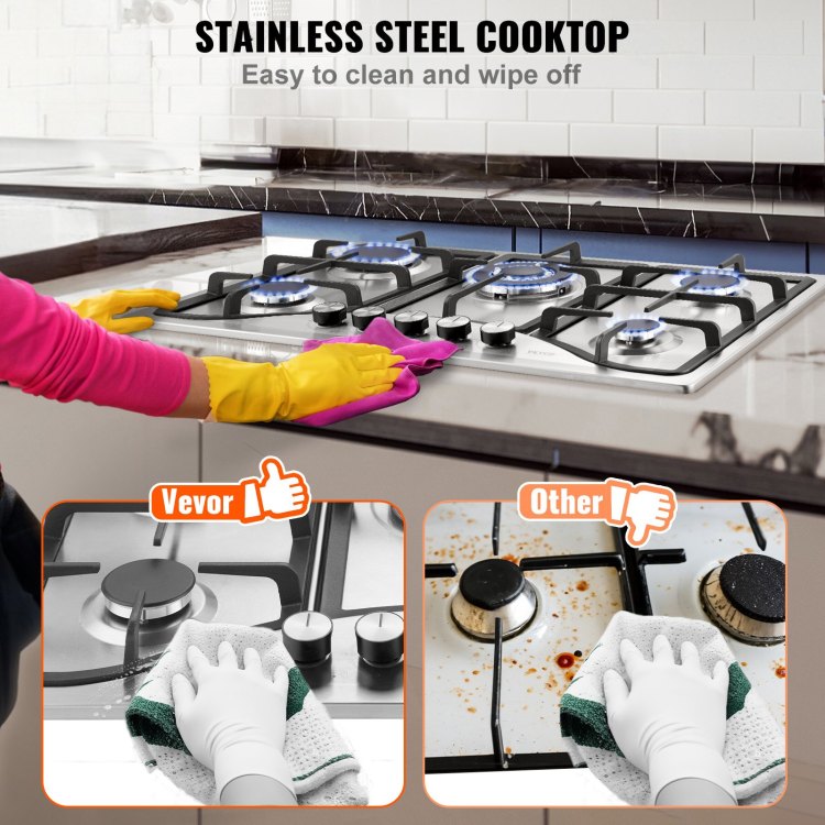 Gas Cooktop 30 Inch, Max 12250Btu 5 Burners Built In Stainless Steel Gas Stove Top, Lpg Ng Convertible Dual Fuel Natural Gas Hob With Thermocouple Protection