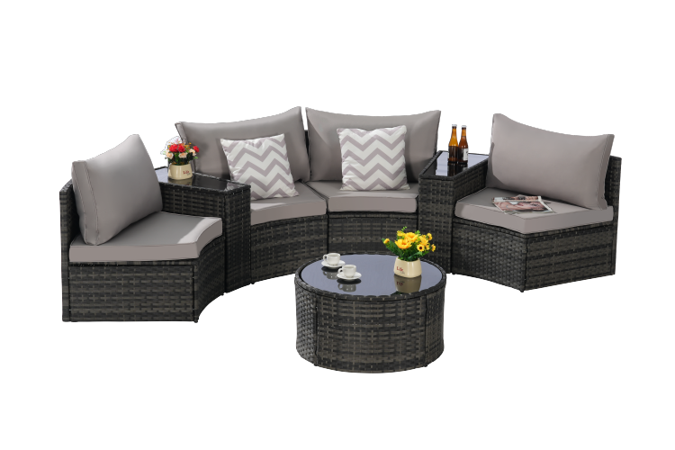 Outdoor Patio Furniture 7 Piece Half Moon Sectional Round Patio Furniture Set Sofa With Tempered Glass Round Coffee Table