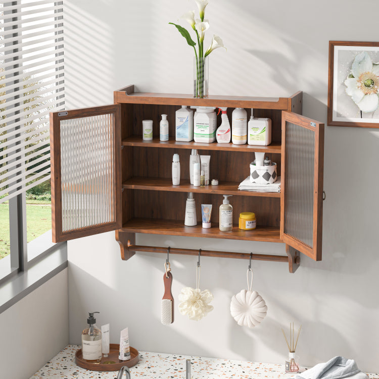 24.8"Glass Door Vintage Double Door Wall Cabinet With Three Tiers Of Storage With Towel Rack, For Bathroom, Kitchen,Dining Room,Brown