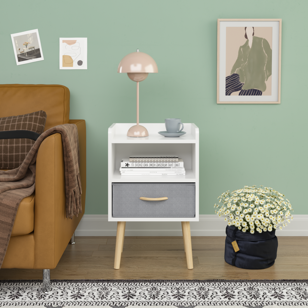 Nightstand With Collapsible Fabric Drawer, 2 Tier Storage End Table, Wood Side Table With Storage Cabinet For Kids, Adults White