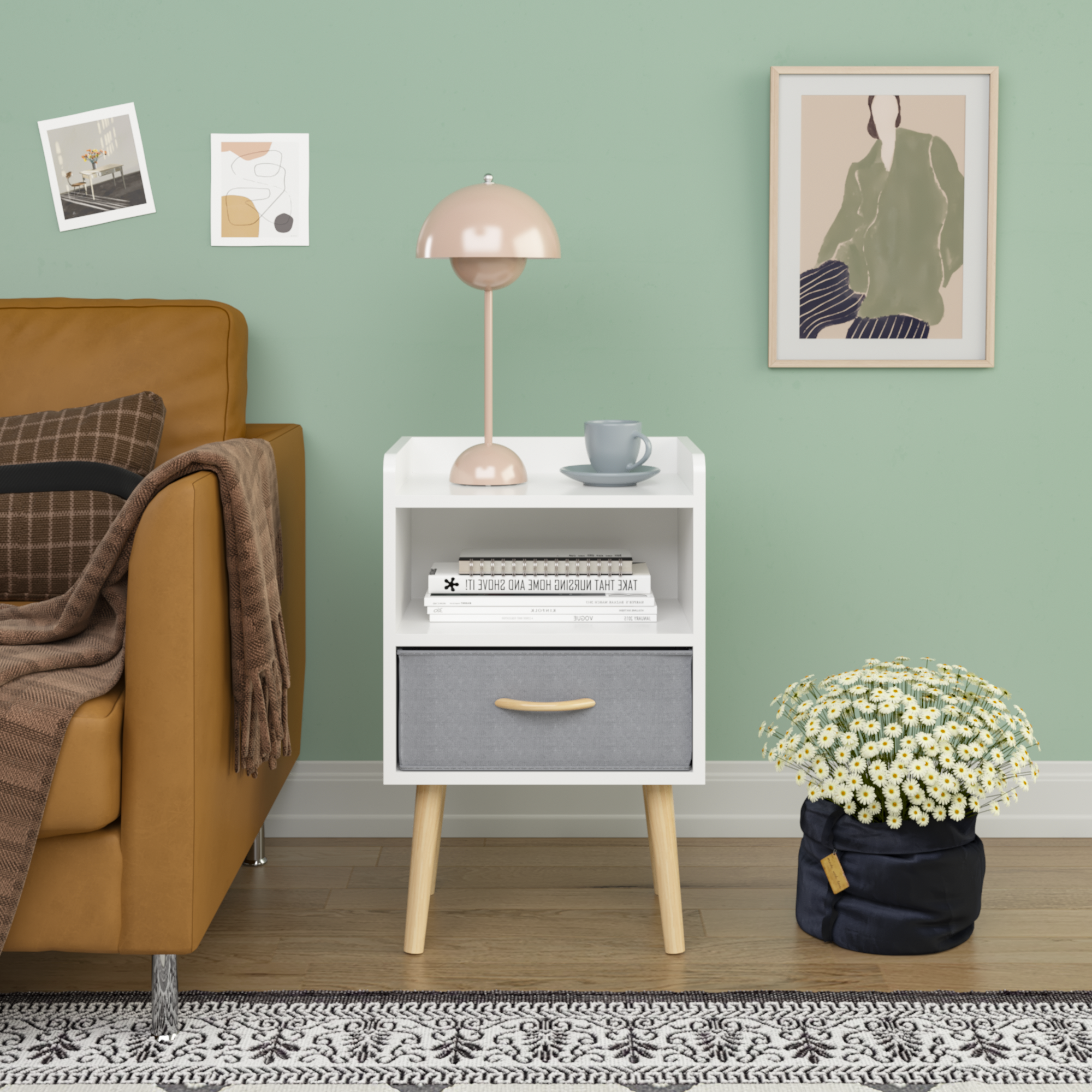 Nightstand With Collapsible Fabric Drawer, 2 Tier Storage End Table, Wood Side Table With Storage Cabinet For Kids, Adults White