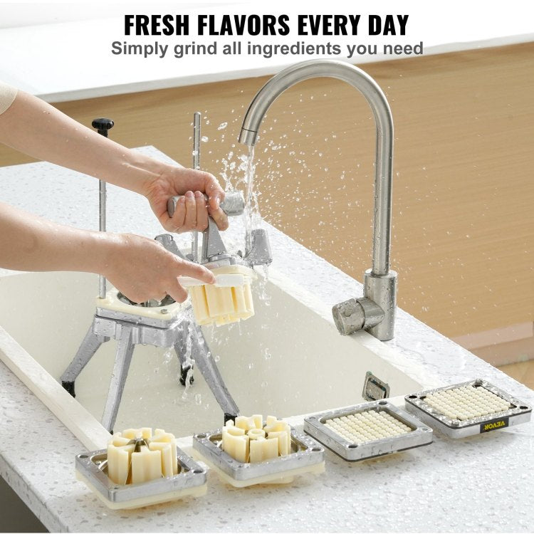 Commercial Vegetable Fruit Chopper, Stainless Steel French Fry Cutter With 4 Blades 1 4" 3 8" 1 2", 6 Wedge Slicer, Chopper Dicer With Tray, Heavy Duty Cutter For Potato Tomato Onion Mushroom