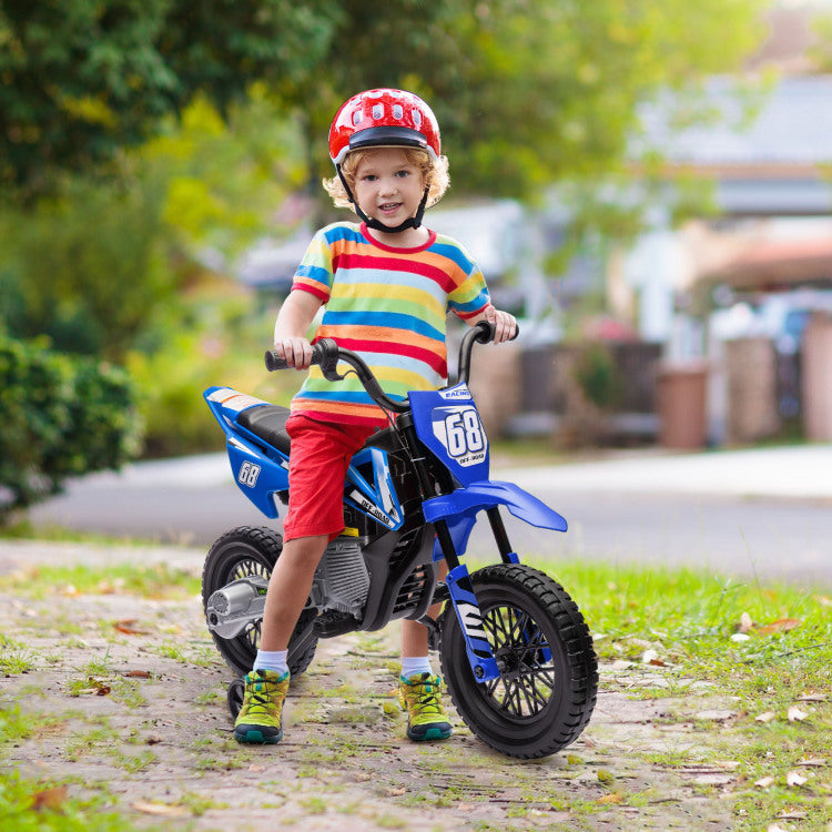 Qaba Kids Dirt Bike With Twist Grip Throttle, 12V Electric Motorcycle, Electric Bike For Toddler With Training Wheels, Rear Suspension & Music, Blue
