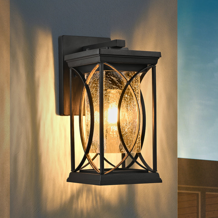14" H 1 Pack Black Outdoor Wall Lantern With Crackled Glass, Weather Resistant Exterior Light Fixture For Porch, Patio, And Entryway, Modern Decorative Wall Sconce With E26 Base Bulb Not Included