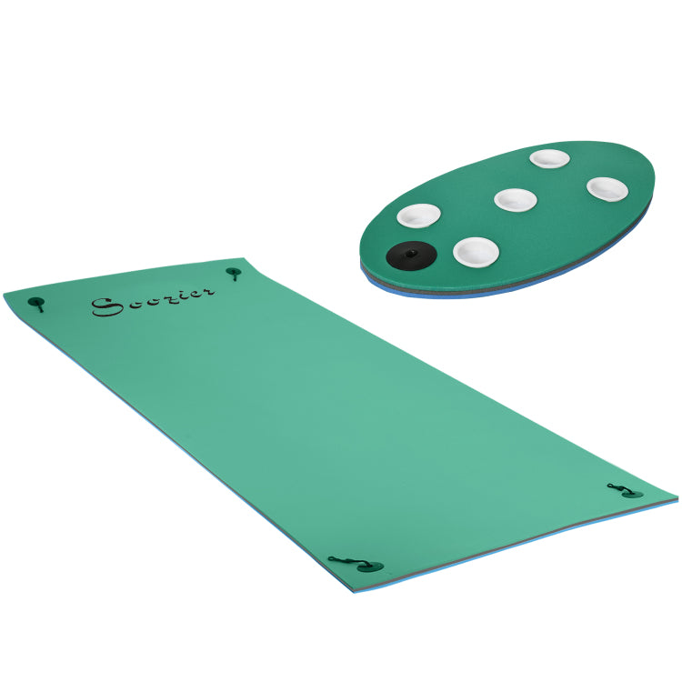 Soozier 12' X 5' Lily Pad Floating Mat With Cup Holder Table, 3 Layer Portable Roll Up Water Mat Float Dock For 2 3 People, On Lake, River, Beach, Swimming Pool, Green