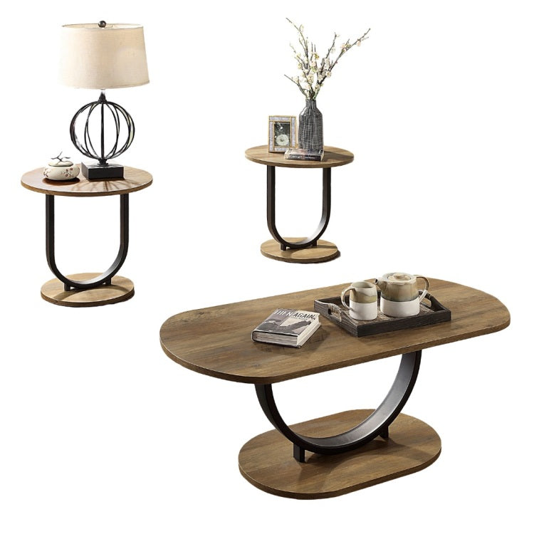 Industrial Style 3Pc Coffee Table Rustic Oak And Sand Black Finish U Shape Base Steel 1X Oval Coffee Table 2X Round End Table Replicated Wood Top