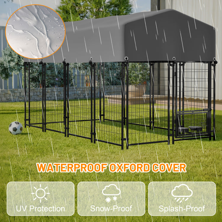 Dog Kennel Outdoor With Roof, 4.23'X7.81'X4.83' Welded Wire Enclosure, Heavy Duty Dog Crate With Uv Resistant Waterproof Cover, Double Lock & Rotating Feeder For Medium Large Dogs