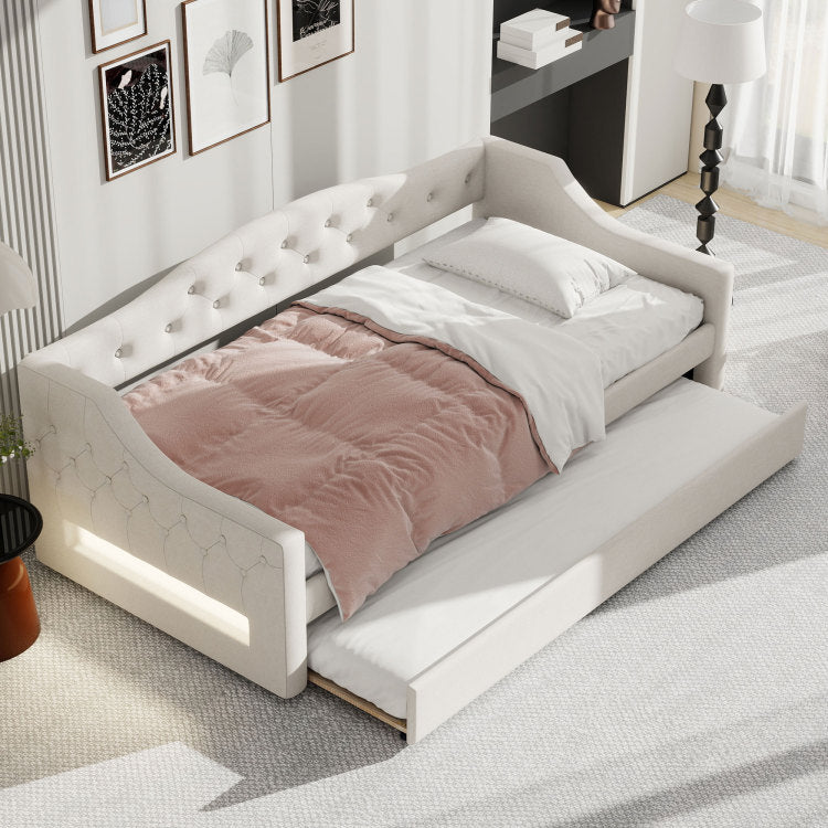 Upholstered Twin Xl Size Daybed With Led Belt And Trundle, Beige