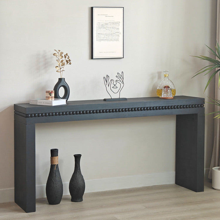 64In Modern Black Wood Console Table Elegant Entryway Table With Decorative Beaded Trim