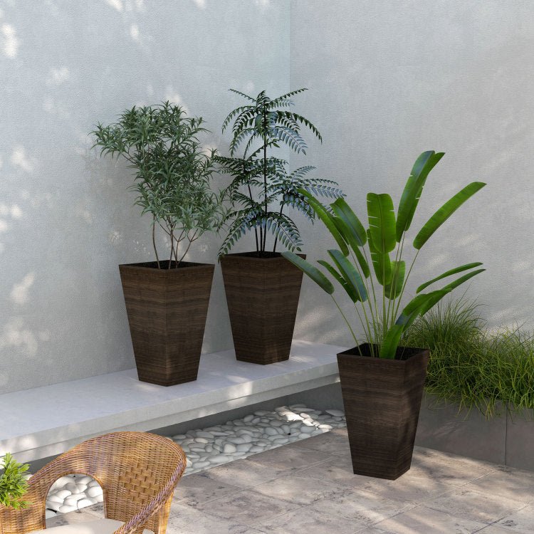 Outsunny 28" Tall Outdoor Planters, Set Of 3 Large Taper Planters With Drainage Holes And Plug, Faux Wood Plastic Flower Pots For Outdoor, Indoor, Garden, Patio, Brown