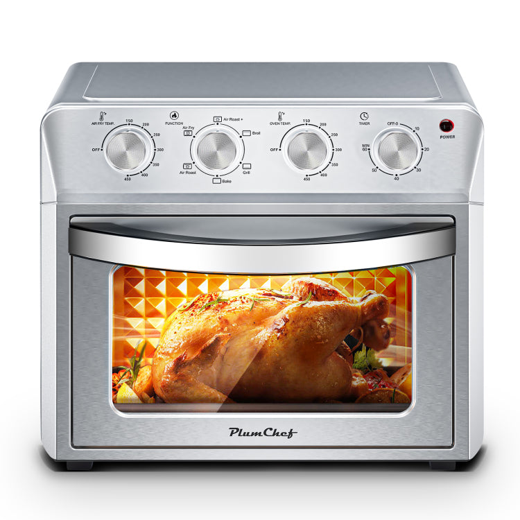 Plum Chef Air Fryer Oven 27.5Qt, 6 In 1 Countertop Oven, Air Fry, Bake, Broil, Toast, Warm, Dehydrate, 4 Knob Control, 1600W, Family Size, Silver