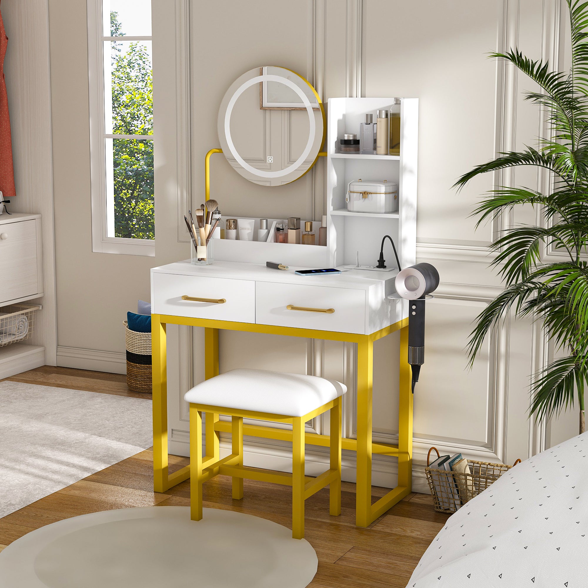 Makeup Vanity With Led Lights&3 Color And Power Outlet Makeup Vanity Table With 2 Big Drawers With Sturdy Metal Leg And Metal Chair Dressing Table For Bedroom Dressing Room White