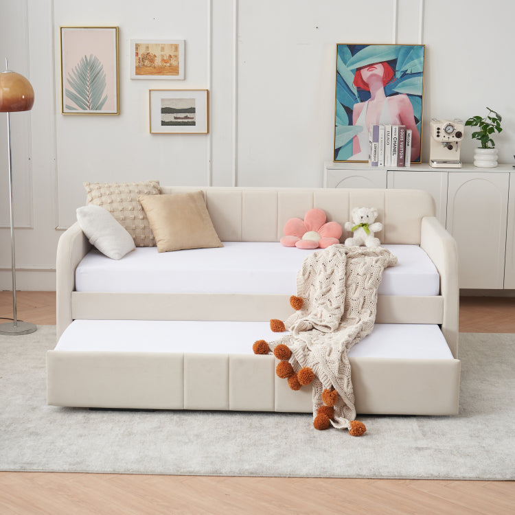 Twin Upholstered Daybed Frame With Trundle, Twin Size Sofa Bed For Bedroom Living Room Guest Room, Wood Slat Support, Beige