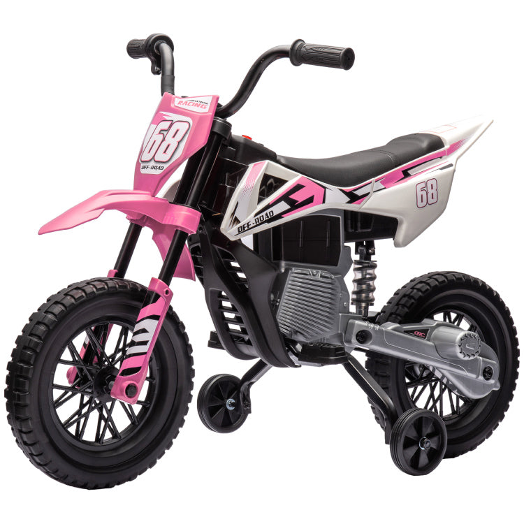 Qaba Kids Dirt Bike With Twist Grip Throttle, 12V Electric Motorcycle, Electric Bike For Toddler With Training Wheels, Rear Suspension & Music For Ages 3 6 Years, Pink