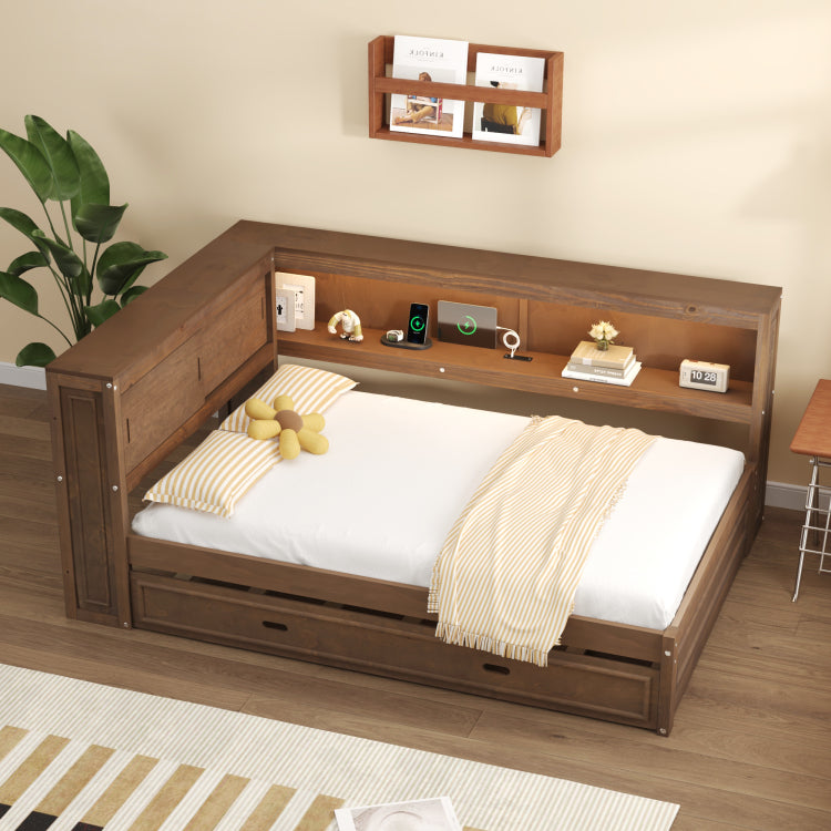 Full Size Wood Daybed With Storage Shelves, Usb, Led, And Trundle, Antique Wood Color
