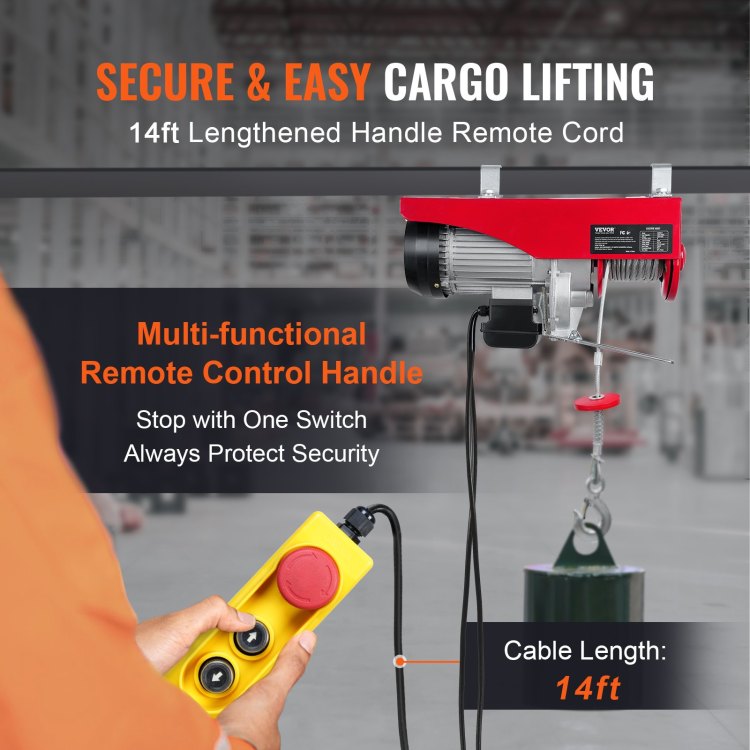 Electric Hoist, 1320 Lbs Lifting Capacity, 1150W 110V Electric Steel Wire Winch With 14Ft Wired Remote Control, 40Ft Single Cable Lifting Height & Pure Copper Motor, For Garage Warehouse Factory