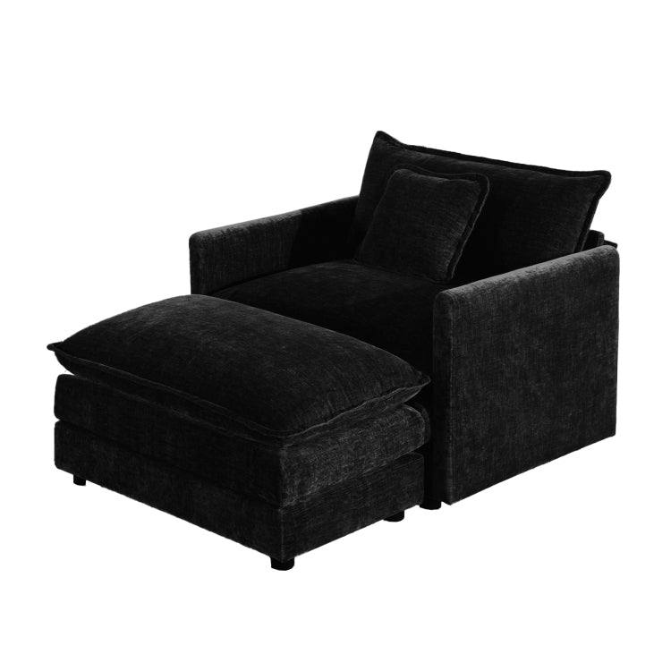 Modern Accent Chair With Ottoman, Living Room Club Chair Chenille Upholstered Armchair , Reading Chair For Bedroom, Black Chenille