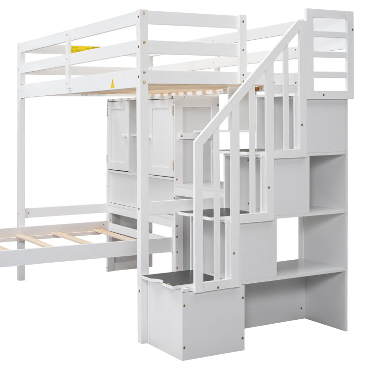 Twin Over Twin Loft Bed With Built In Desk And Staircase, With Storage Compartments And Shelves, White