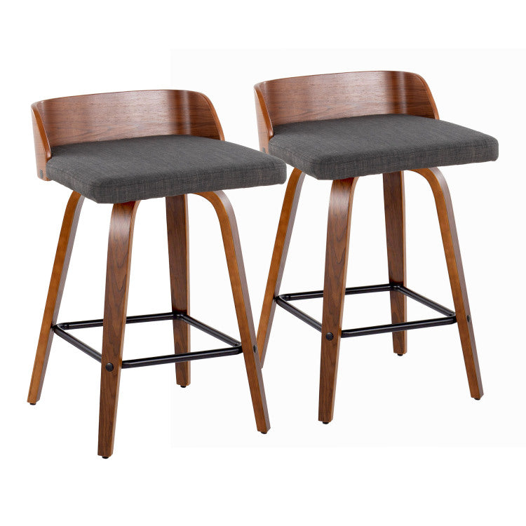26" Mid Century Modern Fixed Height Counter Stool With Swivel In Walnut Wood And Charcoal Fabric With Square Black Metal Footrest Set Of 2