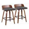 26" Mid Century Modern Fixed Height Counter Stool With Swivel In Walnut Wood And Charcoal Fabric With Square Black Metal Footrest Set Of 2
