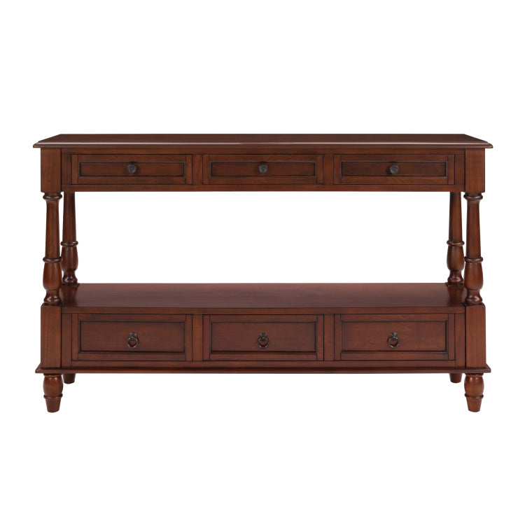 Solid Wood Console Table With 6 Drawers And Shelf, Vintage 54'' 2 Tier Wood Couch Foyer Table For Living Room, Hallway, Entrance Cherry