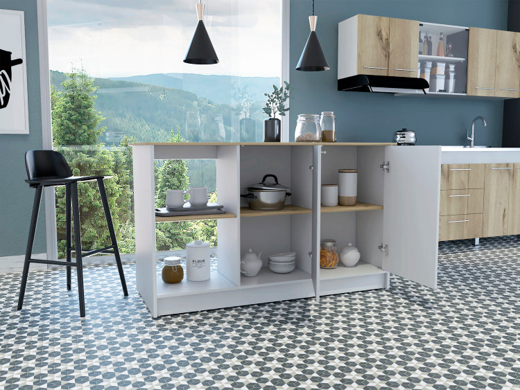 Kitchen Island With Large Countertop, Open Storage Shelves And Double Door Cabinet, White Light Oak