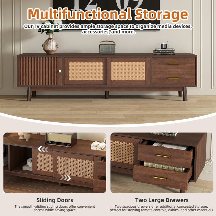 Mid Century Modern Tv Stand For 80" Tvs, Entertainment Center With Sliding Doors And Drawers, Tv Table With Storage For Living Room, Bedroom