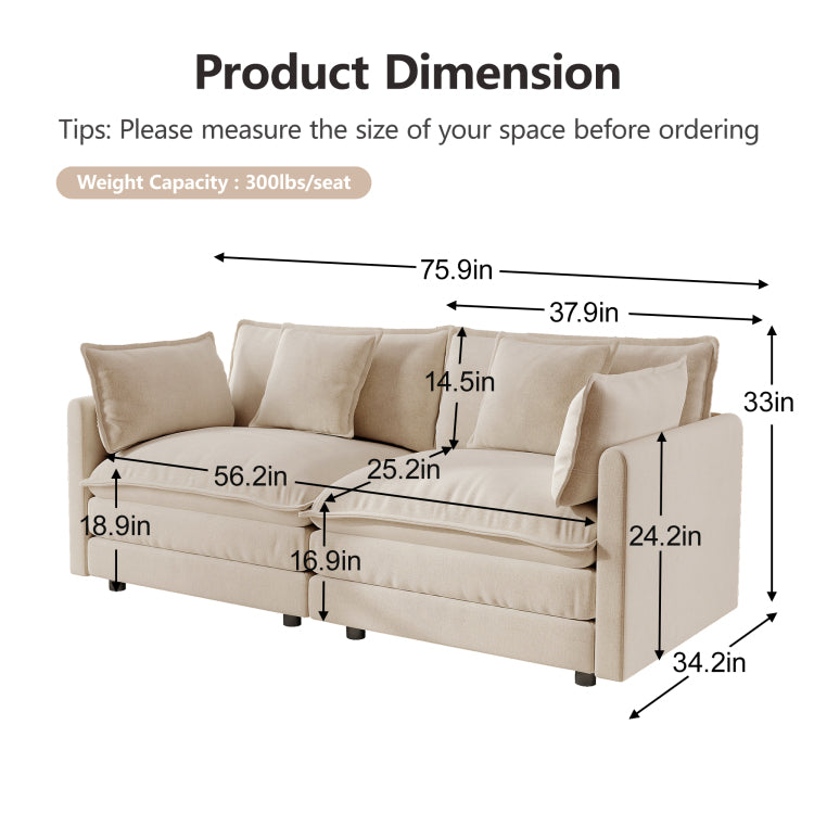 Modern Fabric Loveseat Sofa Couch For Living Room, Upholstered Large Size Deep Seat 2 Seat Sofa With 4 Pillows ,Light Coffee Chenille
