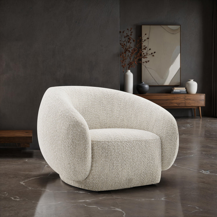 Contemporary Style 1Pc Swivel Chair Boucle Upholstered 360 Degree Swivel Base Armrest Slope Curved High Density Foam Beige Finish