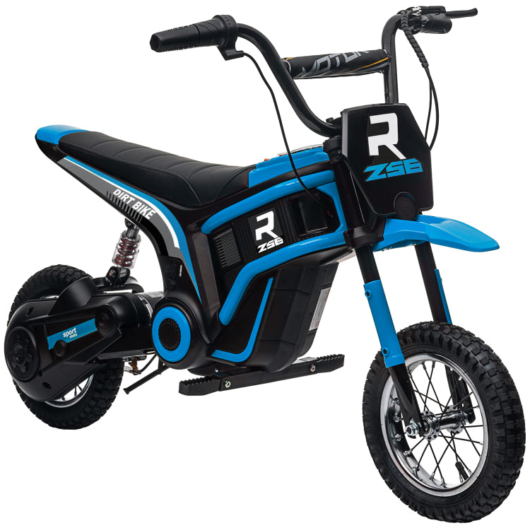 Aosom Electric Dirt Bike With Twist Grip Throttle, 24V 350W Off Road Electric Motorcycle, Up To 15 Mph With Brake, Music Horn, Rear Suspension For Ages 13 Years, Blue
