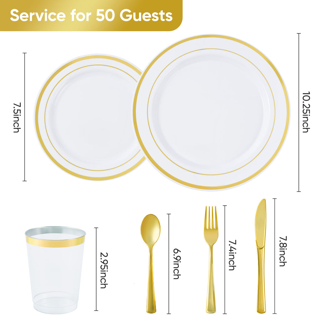 700Pcs Gold Plastic Dinnerware Set, Disposable Party Plates For 100 Guests, Include: 100 Dinner Plates, 100 Dessert Plates, 100 Pre Rolled Napkins, 100 Goldware Set And Cups For Wedding, Party