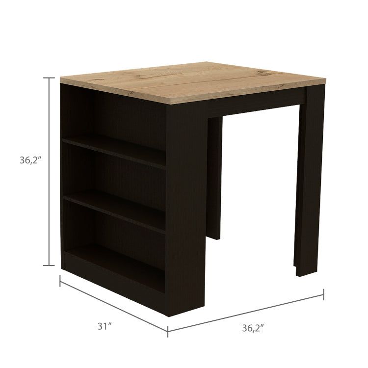 Kitchen Island Table, Two Legs, Three Side Shelves, Black Pine